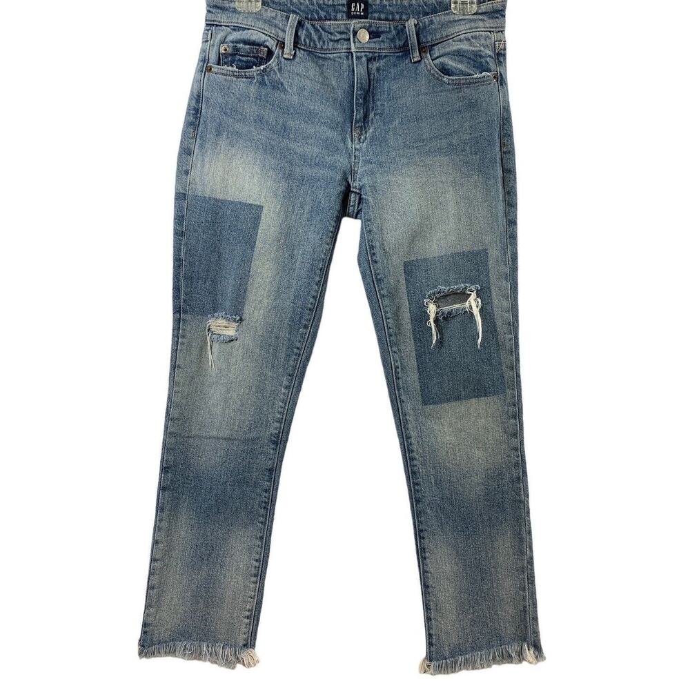 Gap Girlfriend Jeans Womens Size 25 Patches Light Wash Denim Distress Raw Hem‎